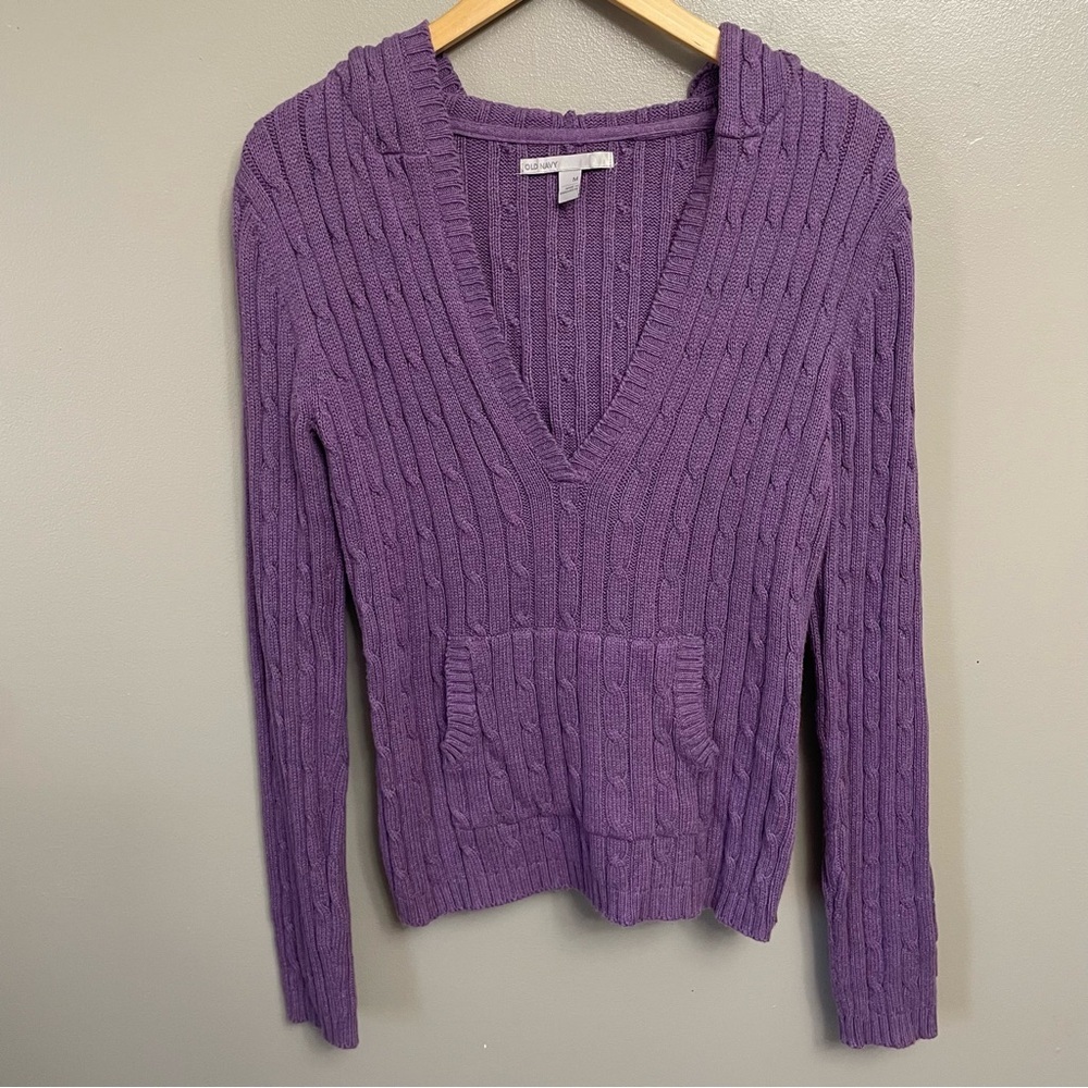 Y2K 2000s Deep Vneck Cable Knit Pullover Sweater Hooded purple Kangaroo Pouch